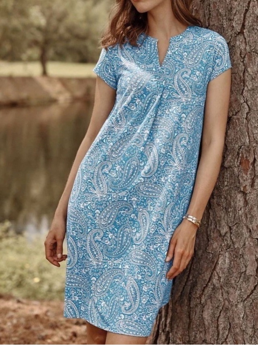 J. Jill Women's Blue Paisley Cotton A-Line Stretch Dress Size 2X Shift V-neck